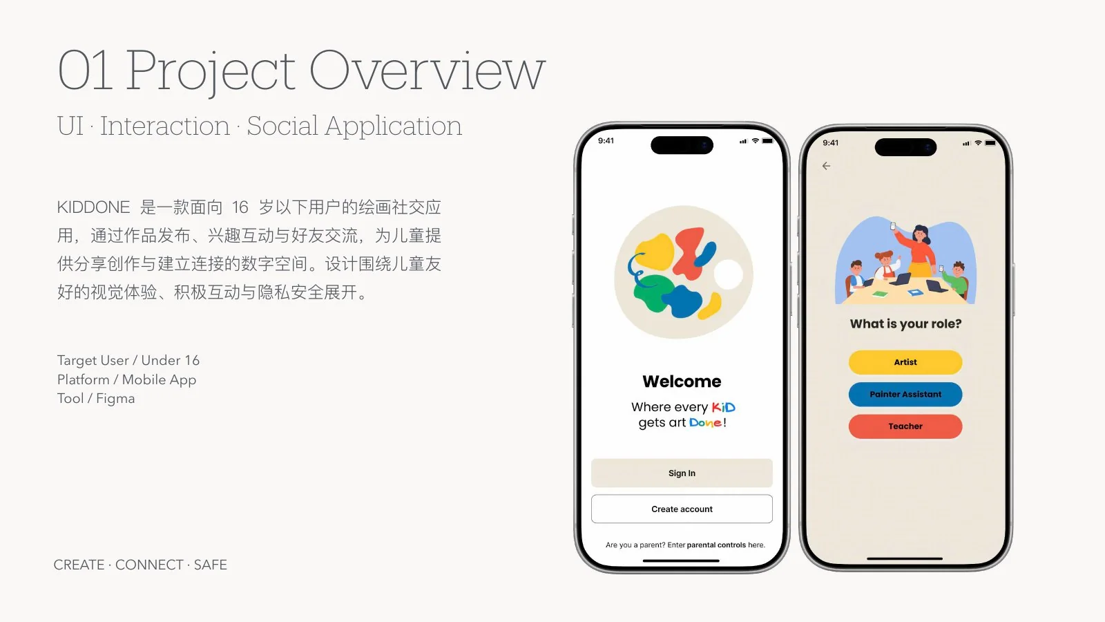 Kiddone project overview and onboarding screens